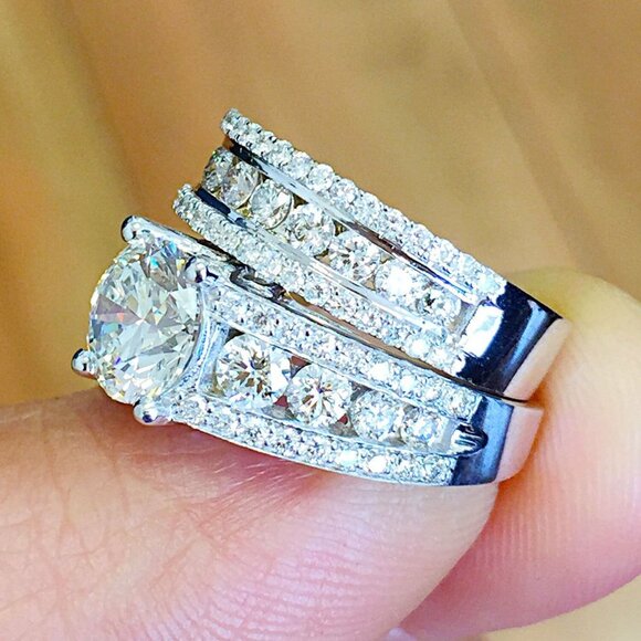 🌸Bague Eternity Full CZ Diamonds Silver Plated Couple Chunky Ring Set,UNVN12286 - Picture 9 of 10